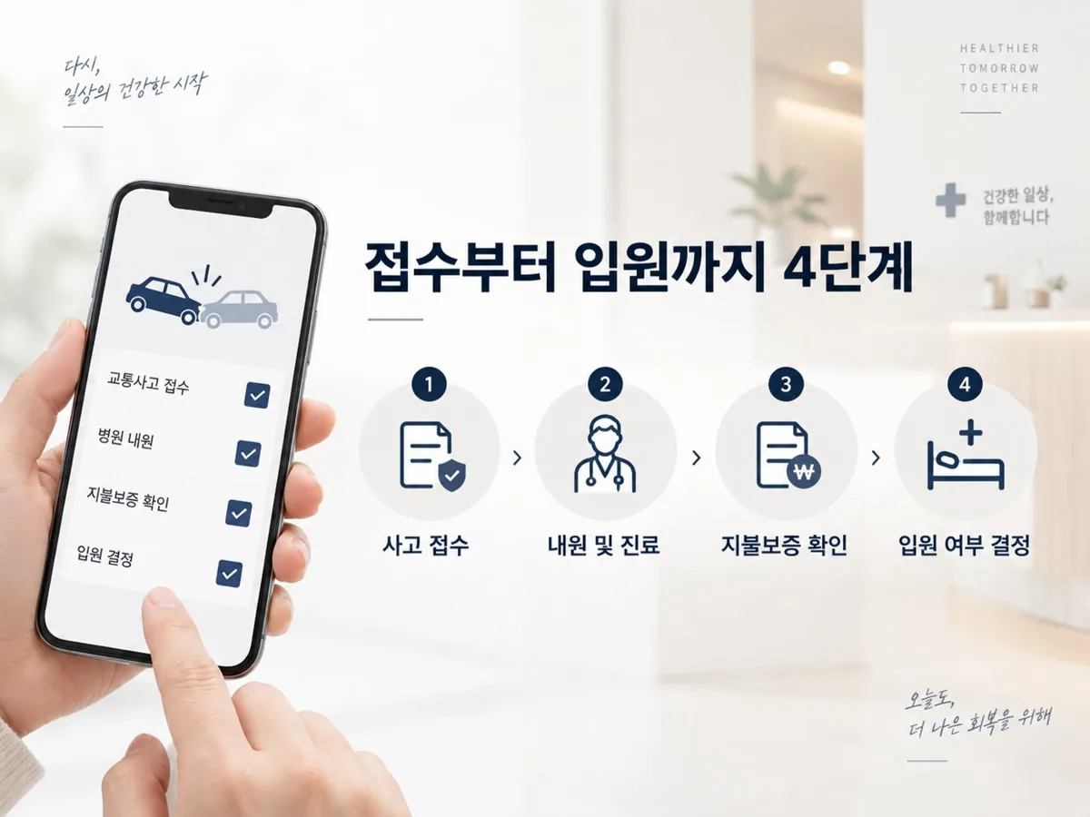 접수부터 입원까지 4단계 — 사고 접수, 내원 및 진료, 지불보증 확인, 입원 여부 결정
