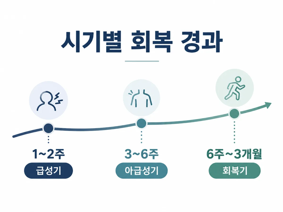 시기별 회복 경과 — 급성기 1~2주, 아급성기 3~6주, 회복기 6주~3개월